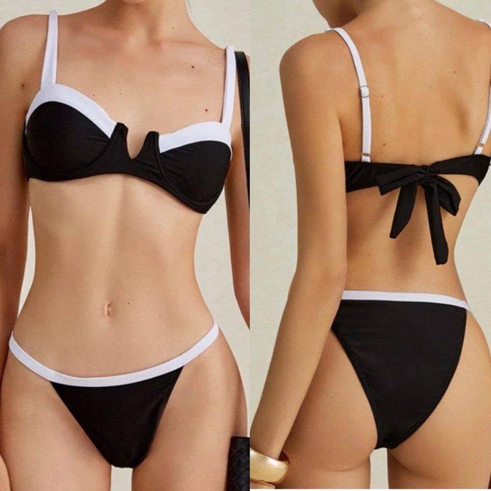 Jimmi Swim NWT B&W Tuxedo Colorblock Bikini Set L Demi Padded Top Cheeky Bottoms